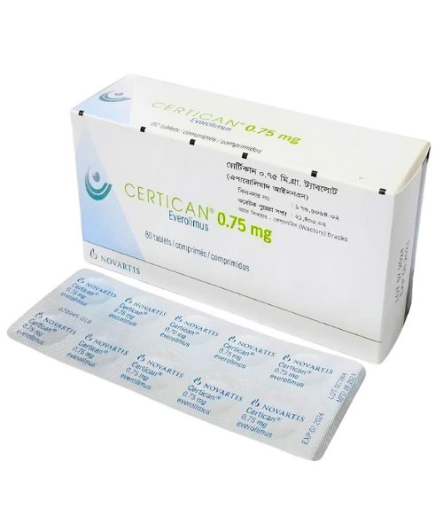 Everolimus Certican 0.75 Tablet, Certican 0.75 Tablet, Certican 0.75, Breast cancer, Pancreatic cancer, Lung cancer, Kidney cancer, Side impacts disease, Common Weakness, Sinus inflammation, Infection, Fever, Cough, Fatigue, Stomatitis, Irritation of the mouth, Otitis media disease, disease of ear, Diarrhea,